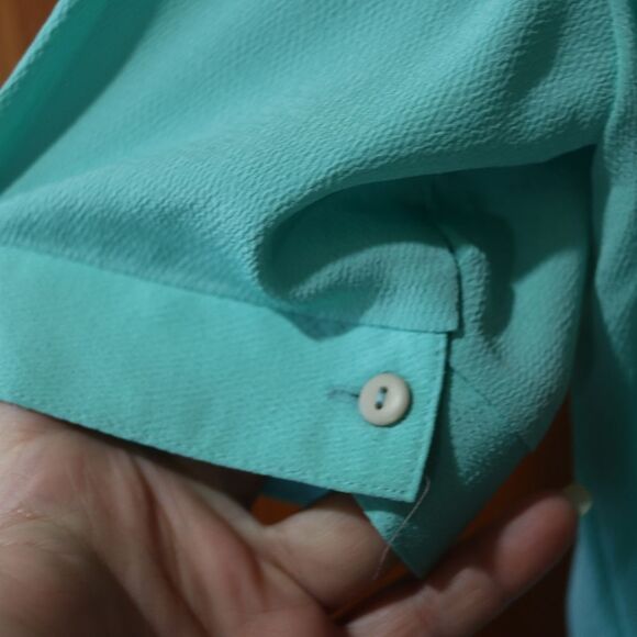 Vintage Asian Teal Blue High Neck Blouse Short Puff Sleeves Small - Picture 6 of 11